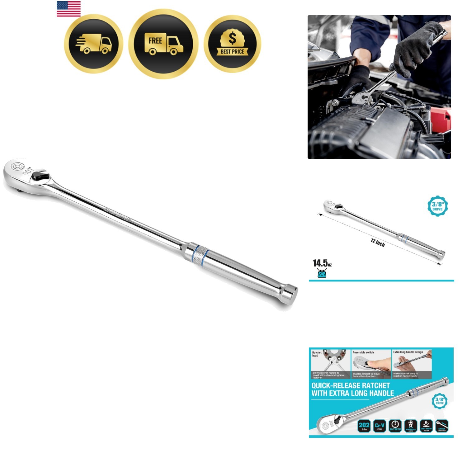 Extra Long Handle 3/8-Inch Drive Ratchet, 90-Tooth Ratchet Wrench with 12″ Ha…