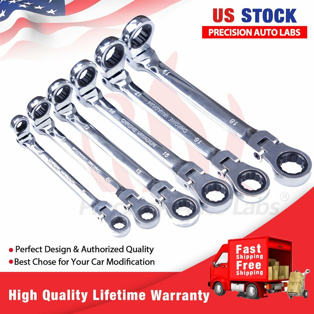 6Pc Double Box End Ratcheting Wrench Flex-Head Extra Long Heavy Duty Spanner Kit