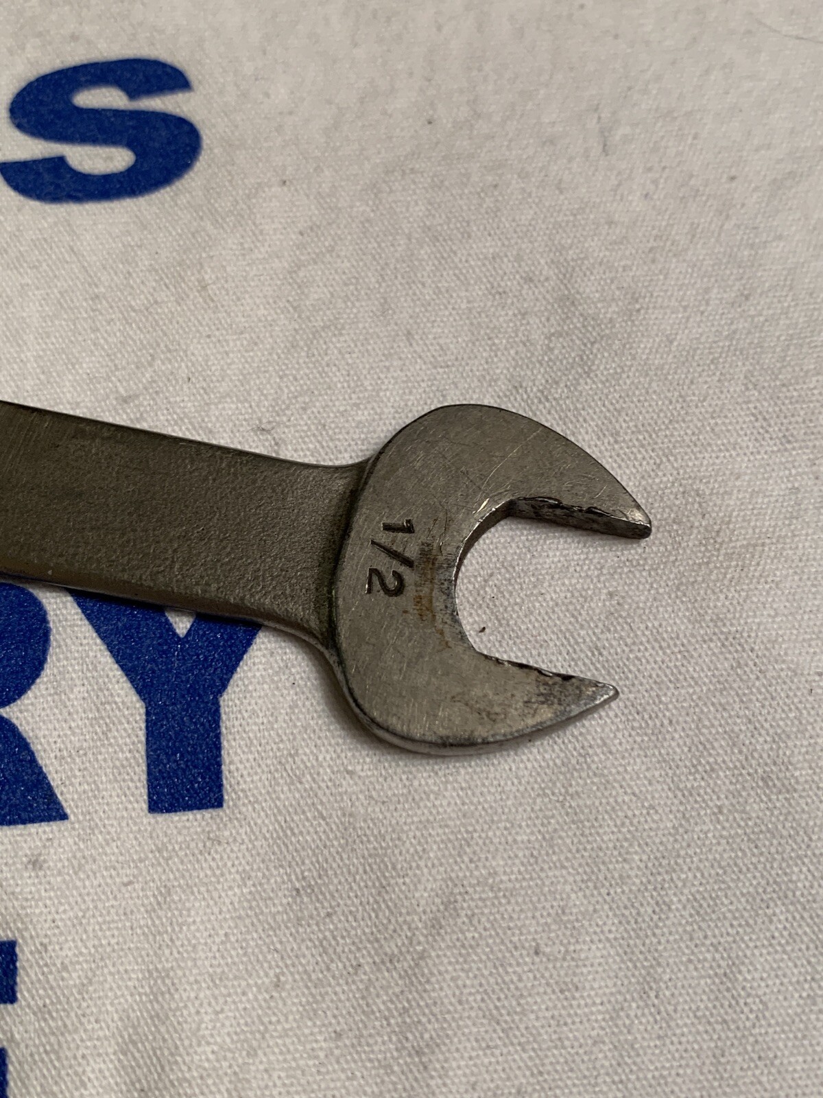 Vintage Embossed Blue Point 1/2″ x 7/16″ Thin Open End Wrench T1614
