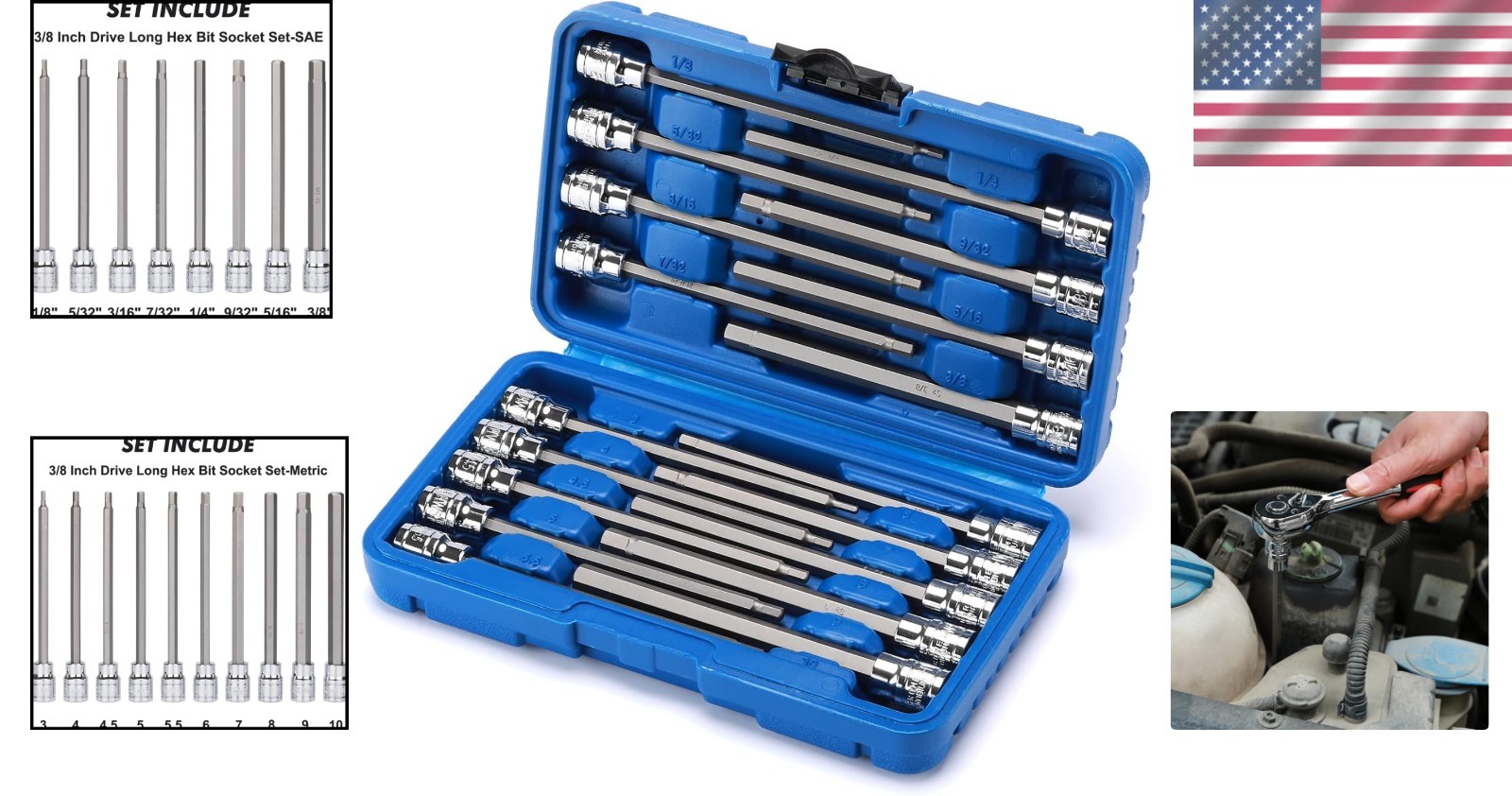 Professional 3/8 Inch Drive Long Hex Bit Set – 18 Pieces with Handy Storage Case