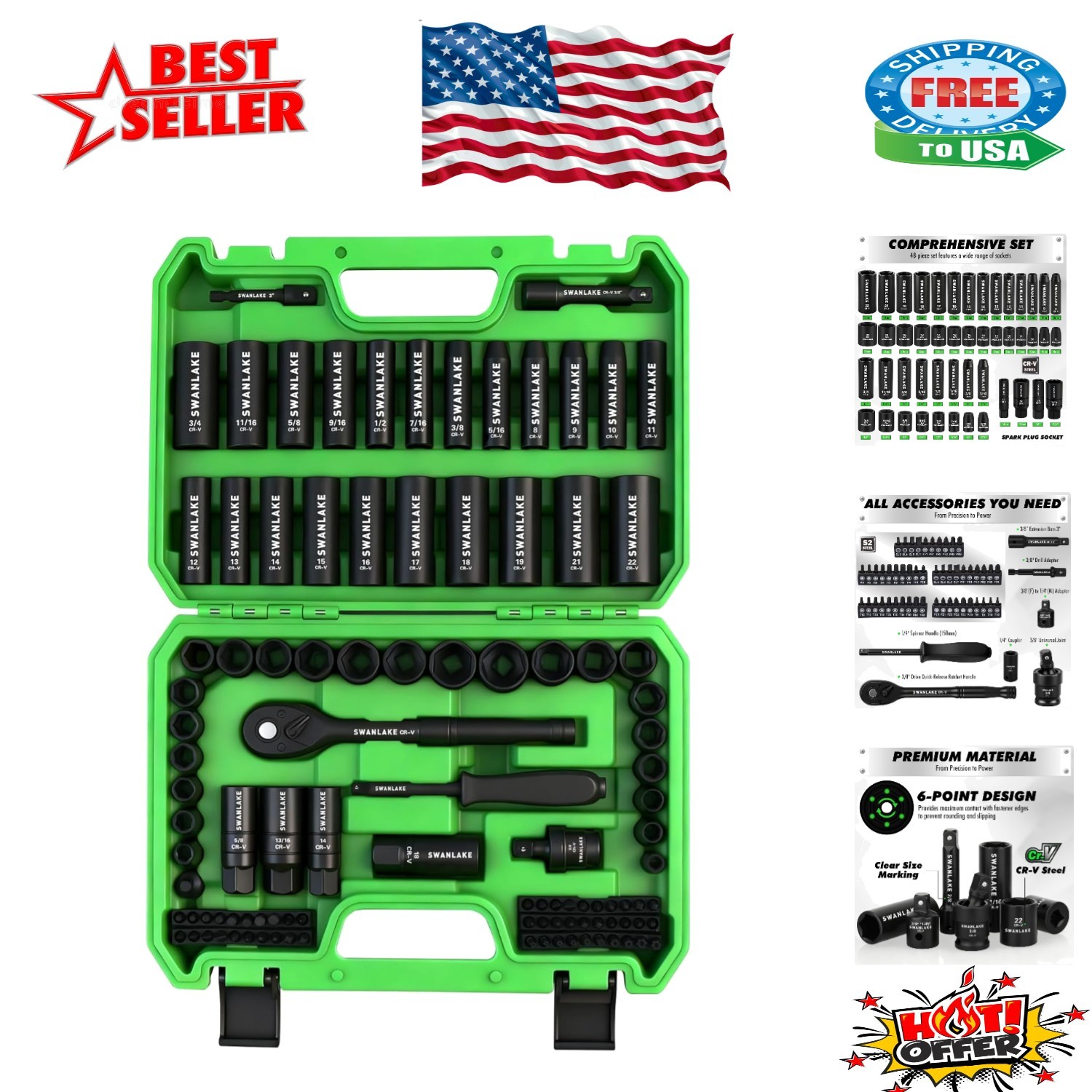 Laser-Etched 105-Piece Impact Socket Set in Chrome Vanadium for Precision Work