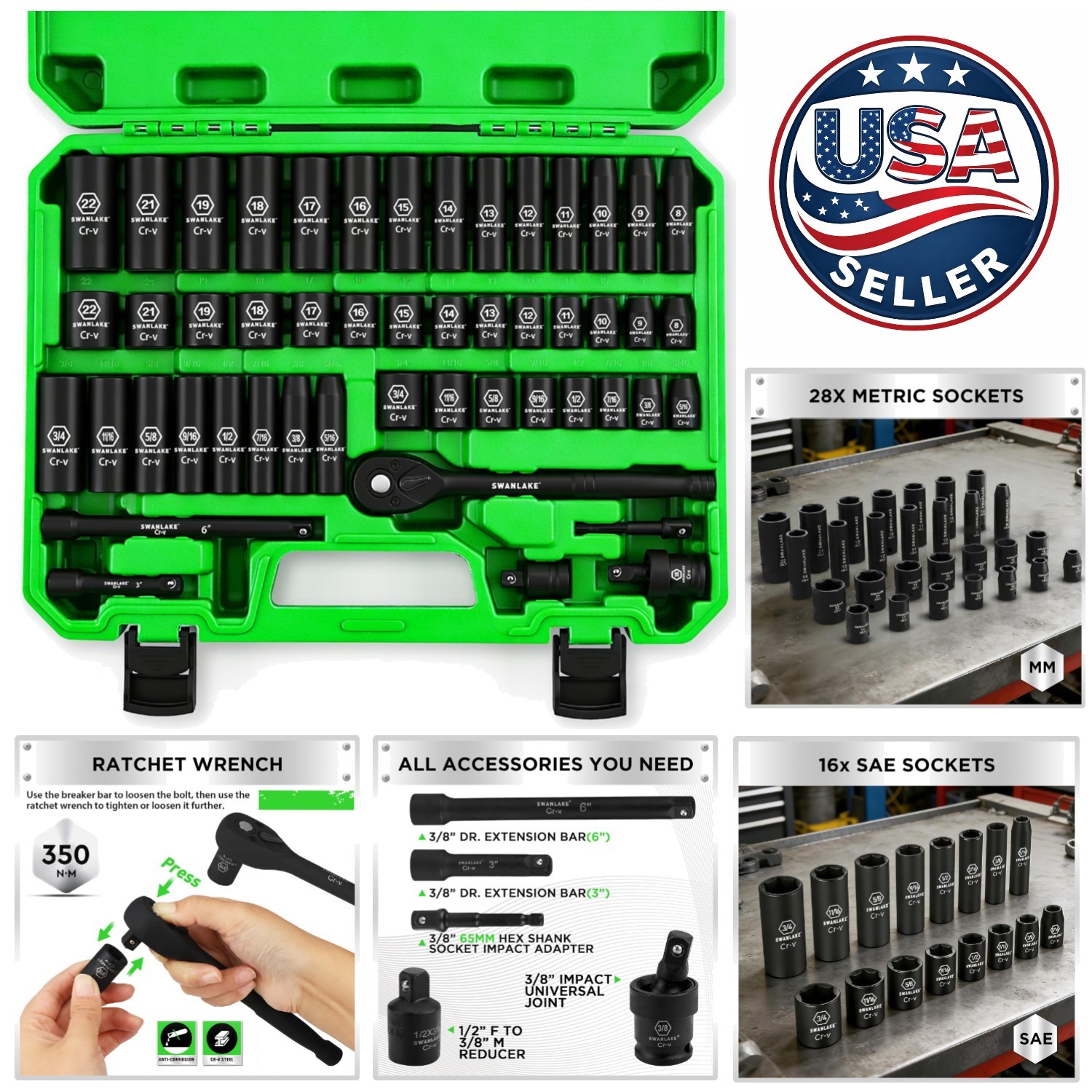 Complete 50-Piece Impact Socket Set: 3/8» Drive with Laser-Etched Markings