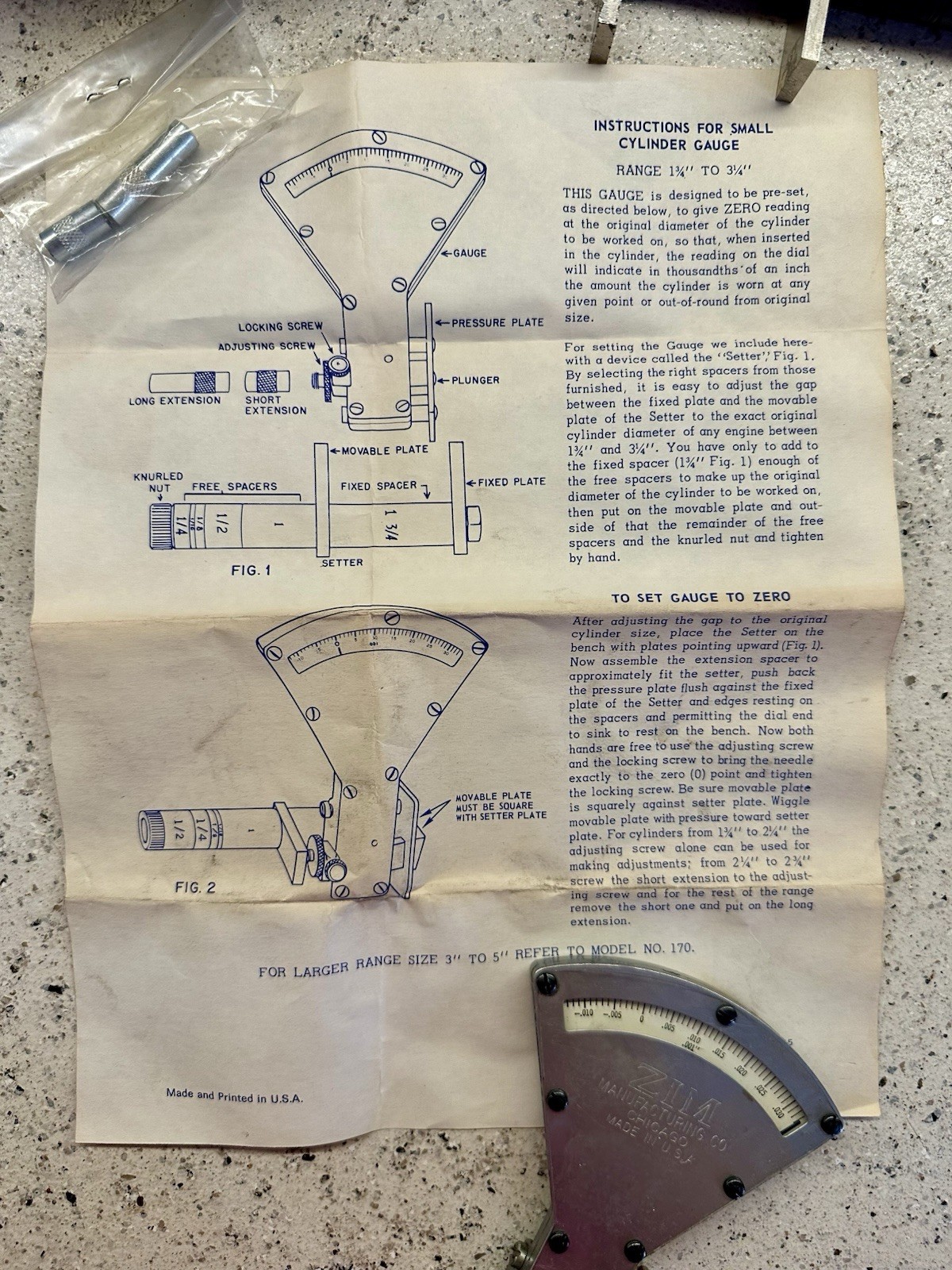 Zim Mfg. 165 Small Cylinder Bore Gauge Kit In Box