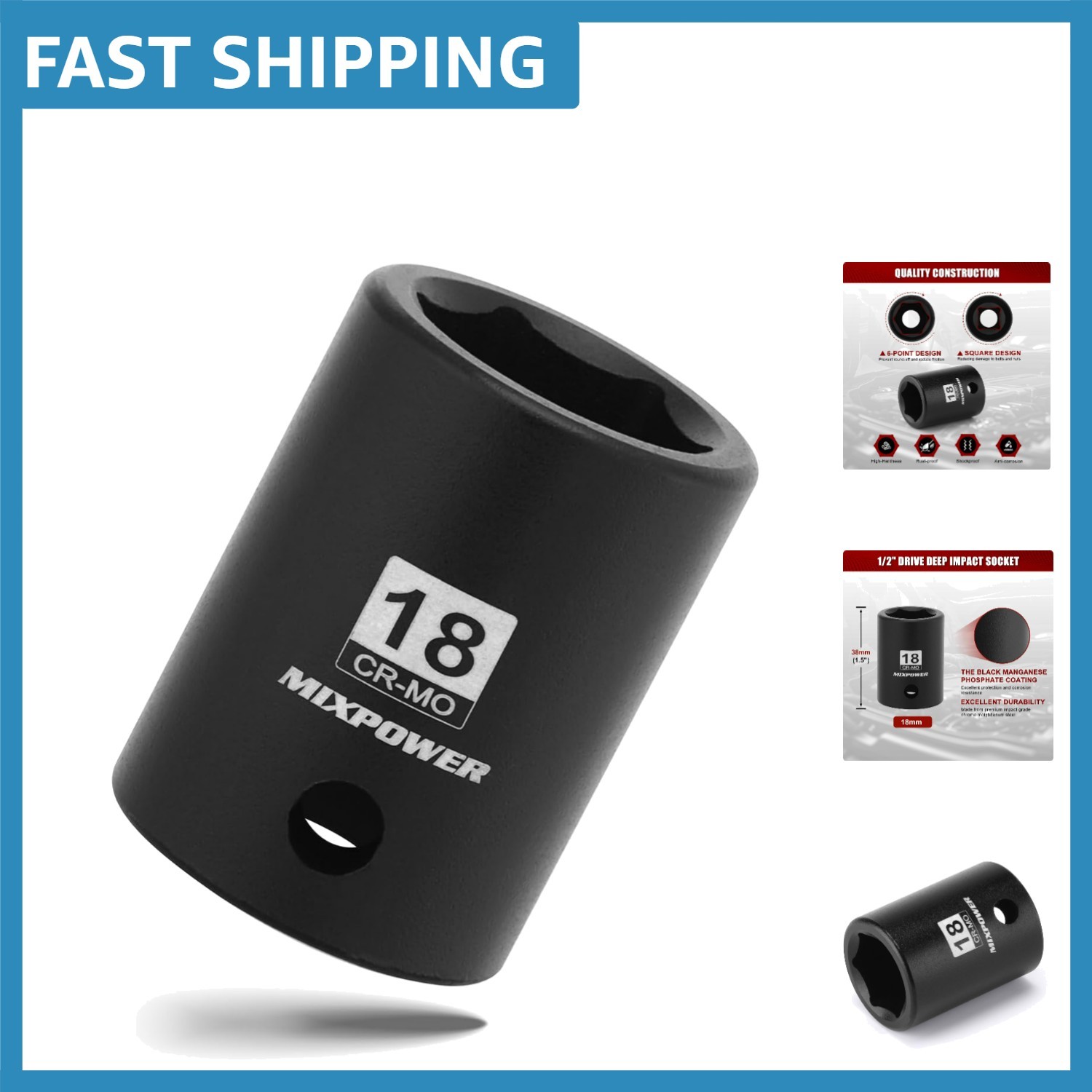 High-Performance 18mm 1/2″ Drive Impact Socket – CR-MO with Radius Corner Design