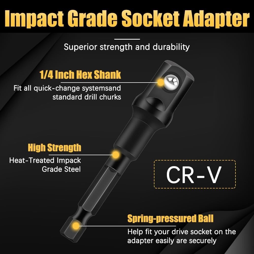 6 PCS Socket Adapter Set: Cr-V Drill Adapters, Hex to Square Conversion