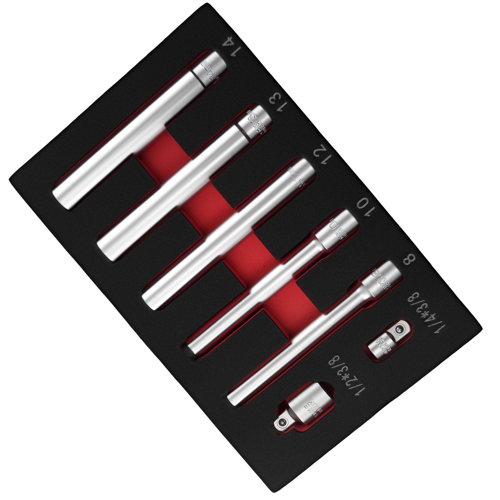 3/8in Drive Long Deep Socket 8-14mm CR-V Extra Reach 6 Point Set + 2 Adaptors