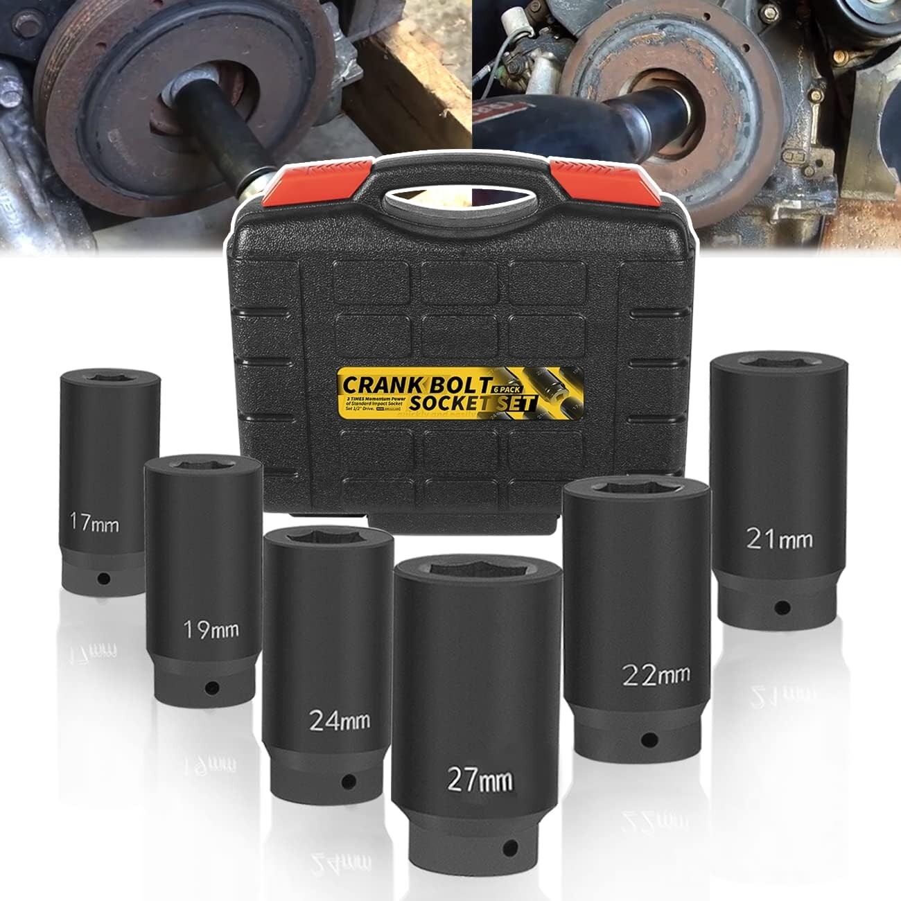 6 Pack 1/2’’ Drive Crank Bolt Socket Set, 17MM, 19MM, 21MM, 22MM, 24MM, 27MM,…