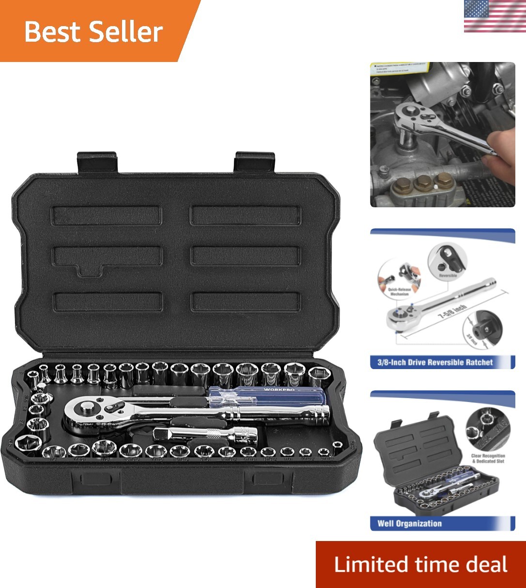 39-Piece Drive Socket Set 1/4»3/8», CR-V Metric and Imperial Sockets with Q…
