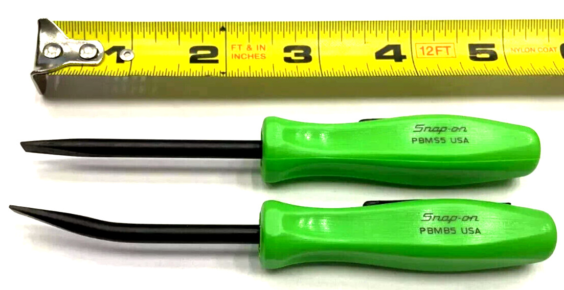 SNAP ON TOOLS POCKET PRY BAR SET STRAIGHT + BENT BLADE PBMB5 G GREEN HANDLES 5″
