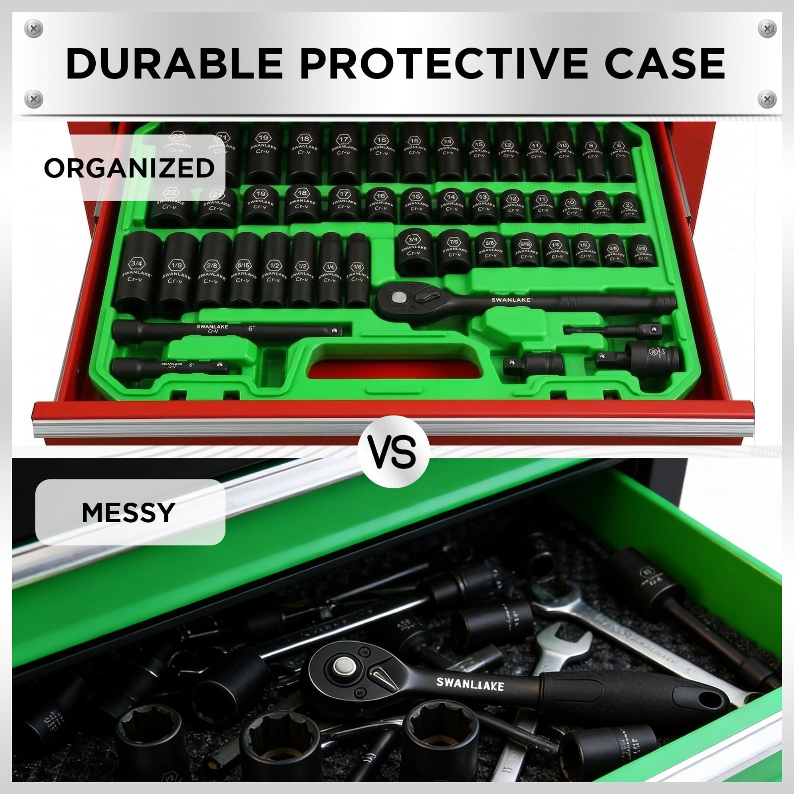50-Piece Impact Socket Set, 3/8″ Drive, SAE & Metric, 6 Point, Cr-V, Ratchet & E