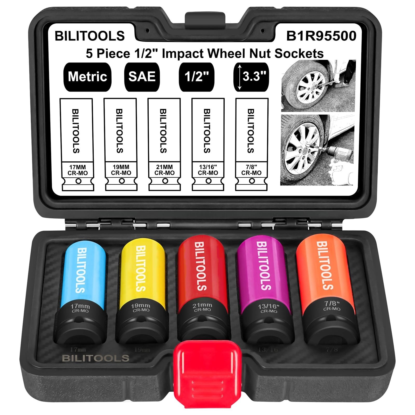 5pcs Impact Lug Nut Socket Set 1/2″ Drive Thin Wall Metric & SAE Cr-Mo Steel 6-P