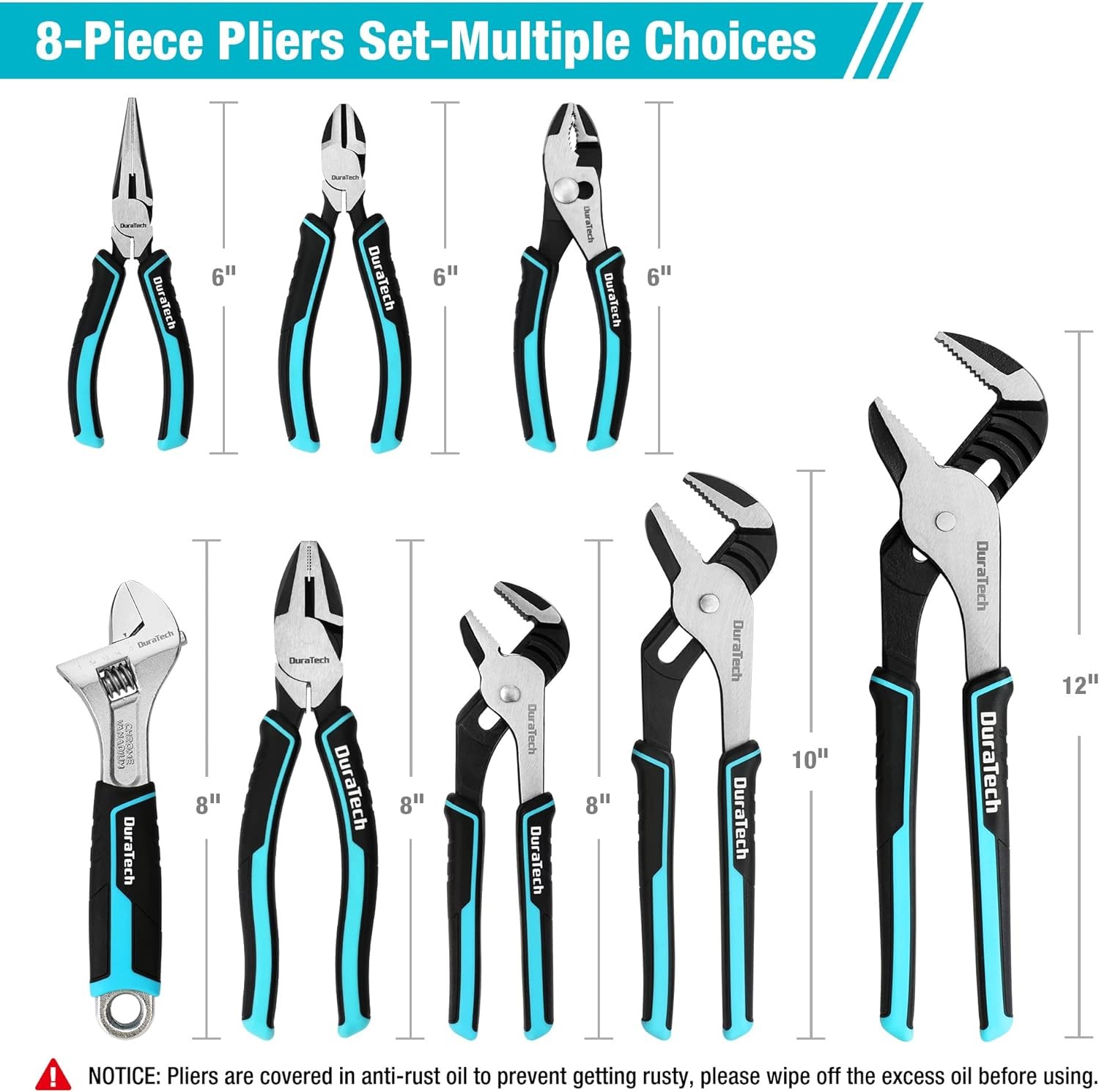 DURATECH 8-Piece Pliers Set with Rolling Pouch, 8-Piece, Blue, Silver, Black