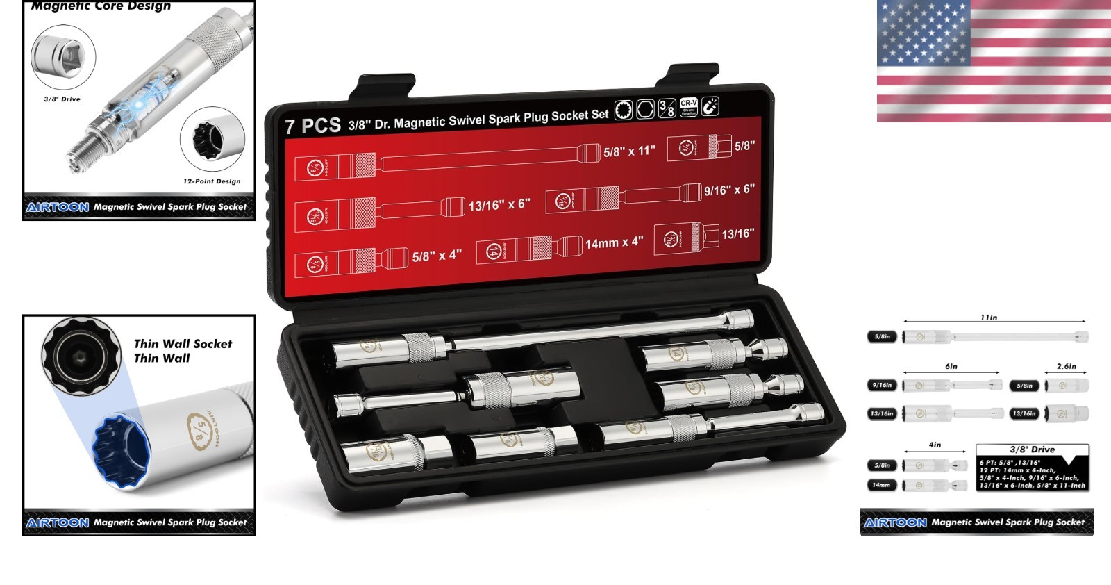 7-Piece 3/8″ Dr. Magnetic Swivel Spark Plug Socket Set