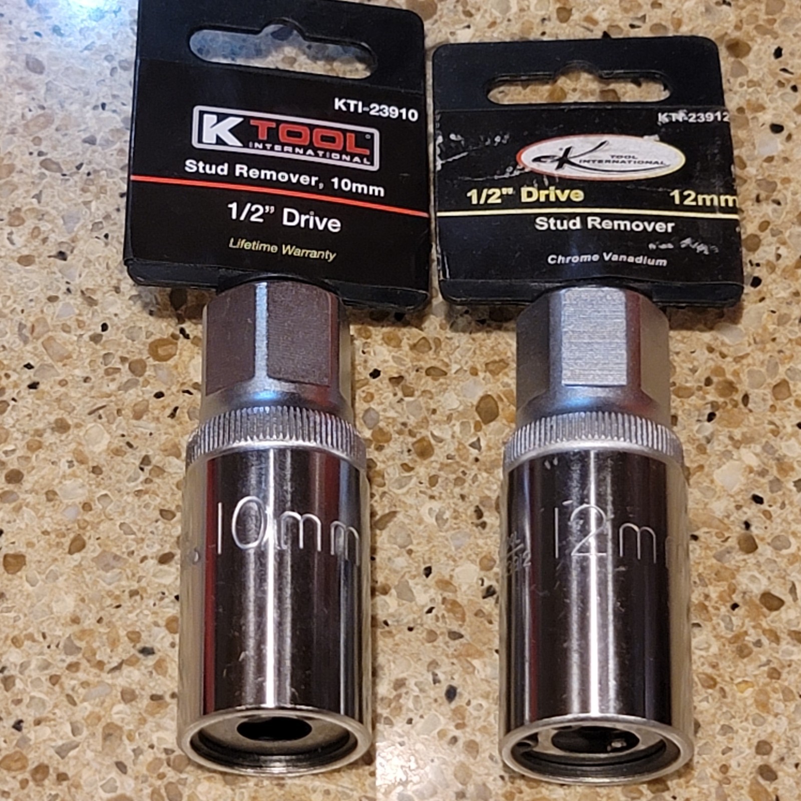 K TOOL METRIC STUD REMOVER 1/2″ DRIVE SOCKET SET OF (2) 10mm & 12mm KTI New NOS