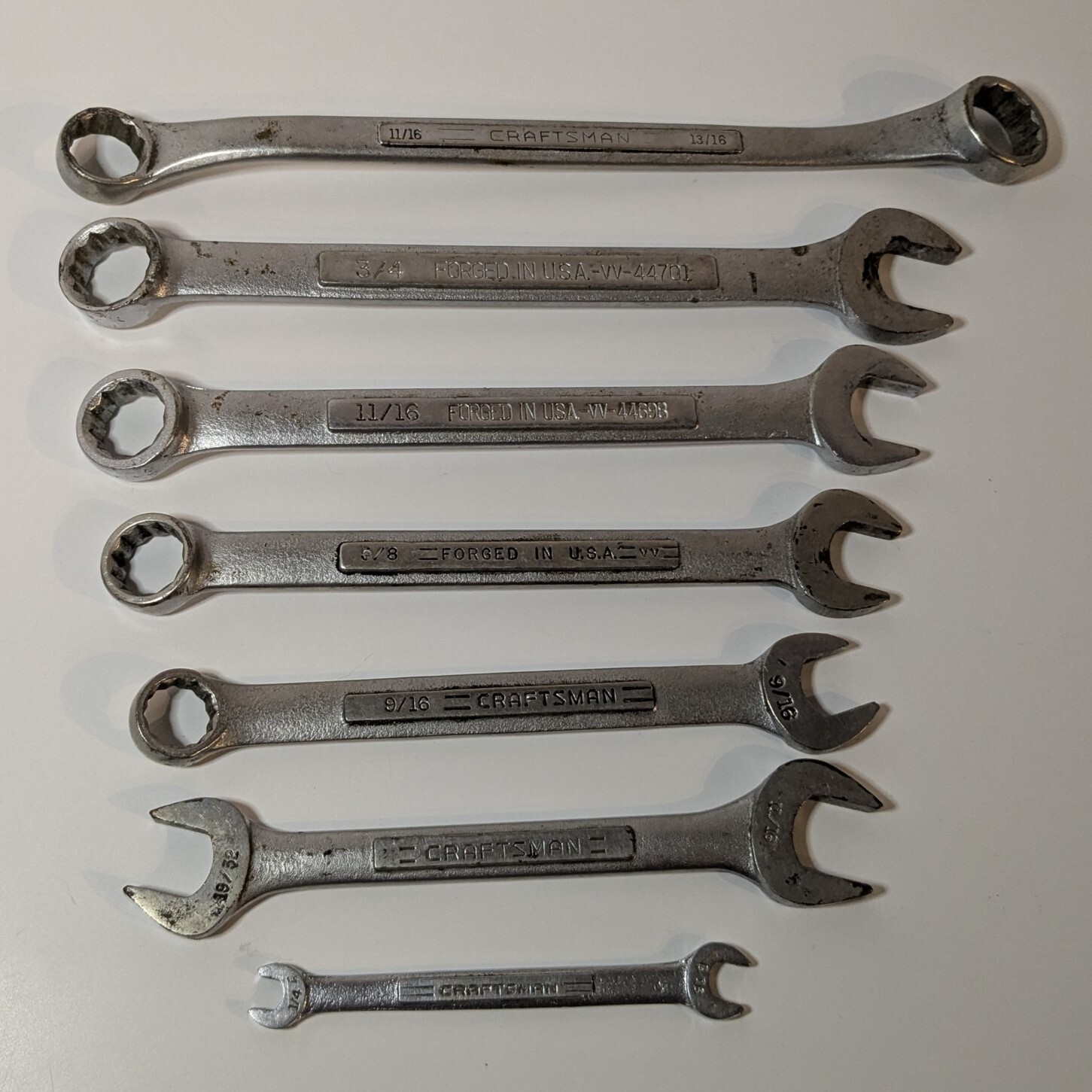 Lot of 7 Vintage Craftsman U.S.A. Wrenches, Various Size Hand Tools, Forged