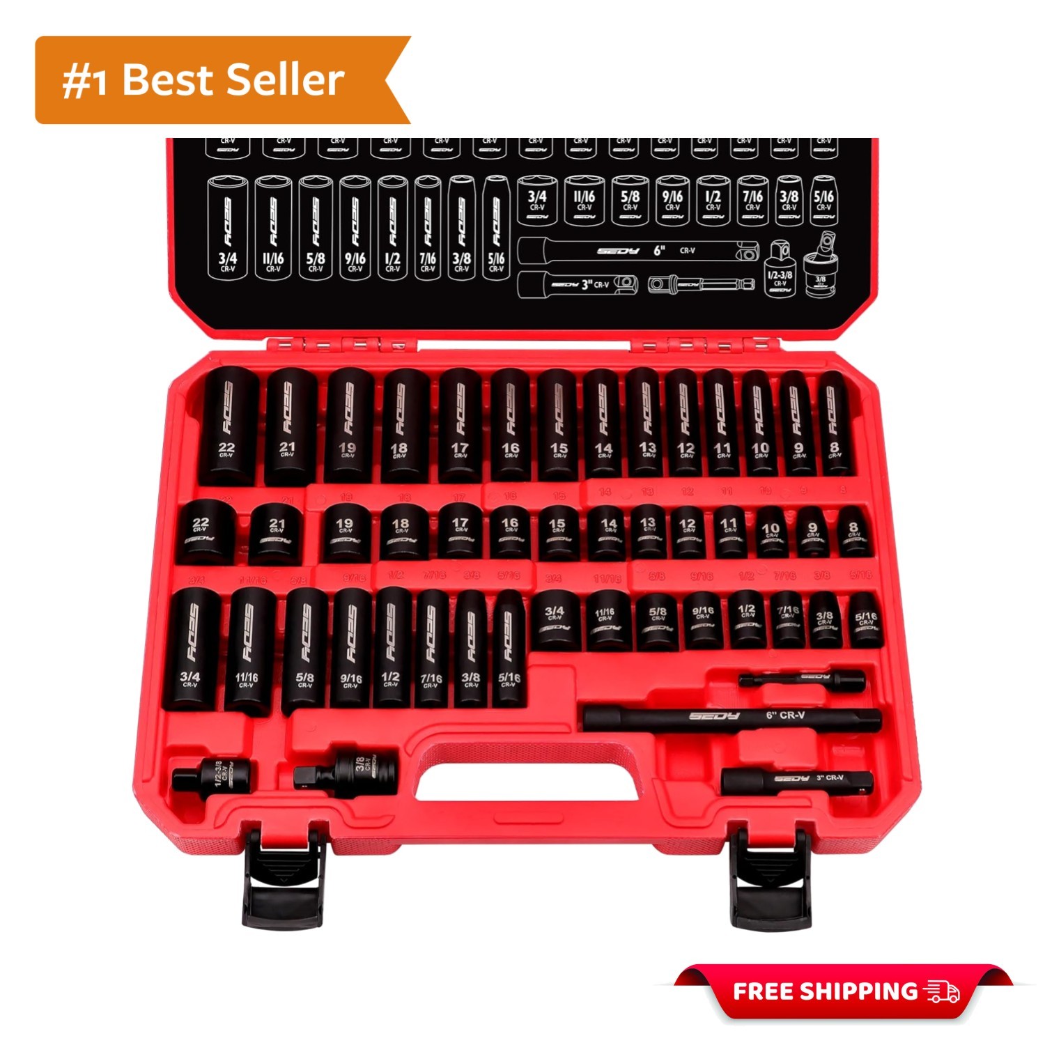 3/8″ Drive Impact Socket Set – 49-Piece SAE 5/16 to 3/4 inch and Metric 8-22m…