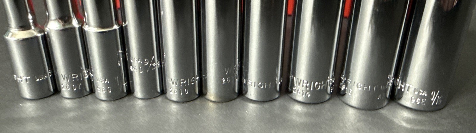 NOS VINTAGE WRIGHT TOOL 1/4” SAE DEEP 10pc SOCKET SET W/ RED RAIL 3/16” – 9/16”