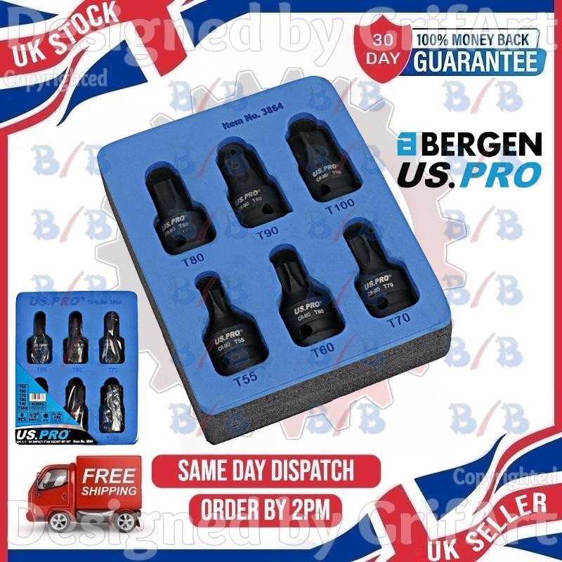US PRO 6PC 1/2″ DRIVE IMPACT STAR TORX SOCKET BIT SET T55 T60 T70 T80 T90 T100