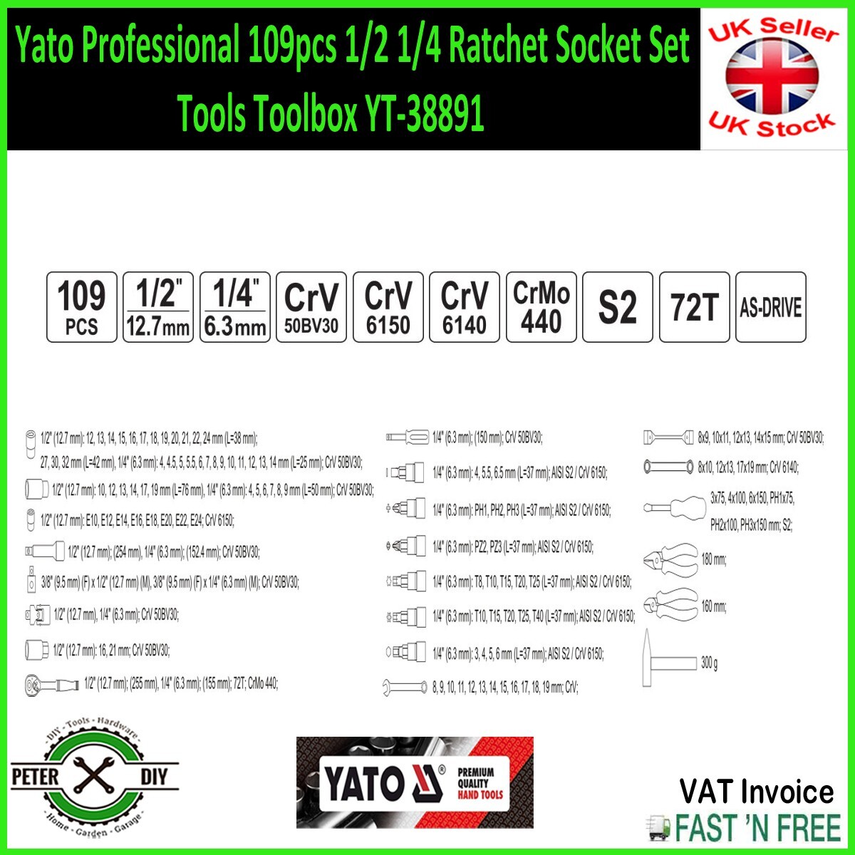 Yato Professional 109pcs 1/2 1/4 Ratchet Socket Set Tools Toolbox YT-38891