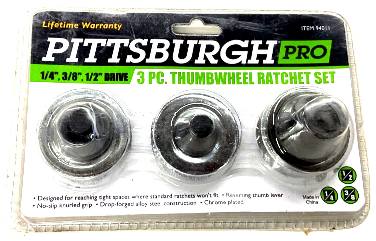 NEW! PITTSBURGH PRO TOOLS 3-pc. THUMB WHEEL RATCHET SET, 1/4” 3/8” 1/2”, 94011