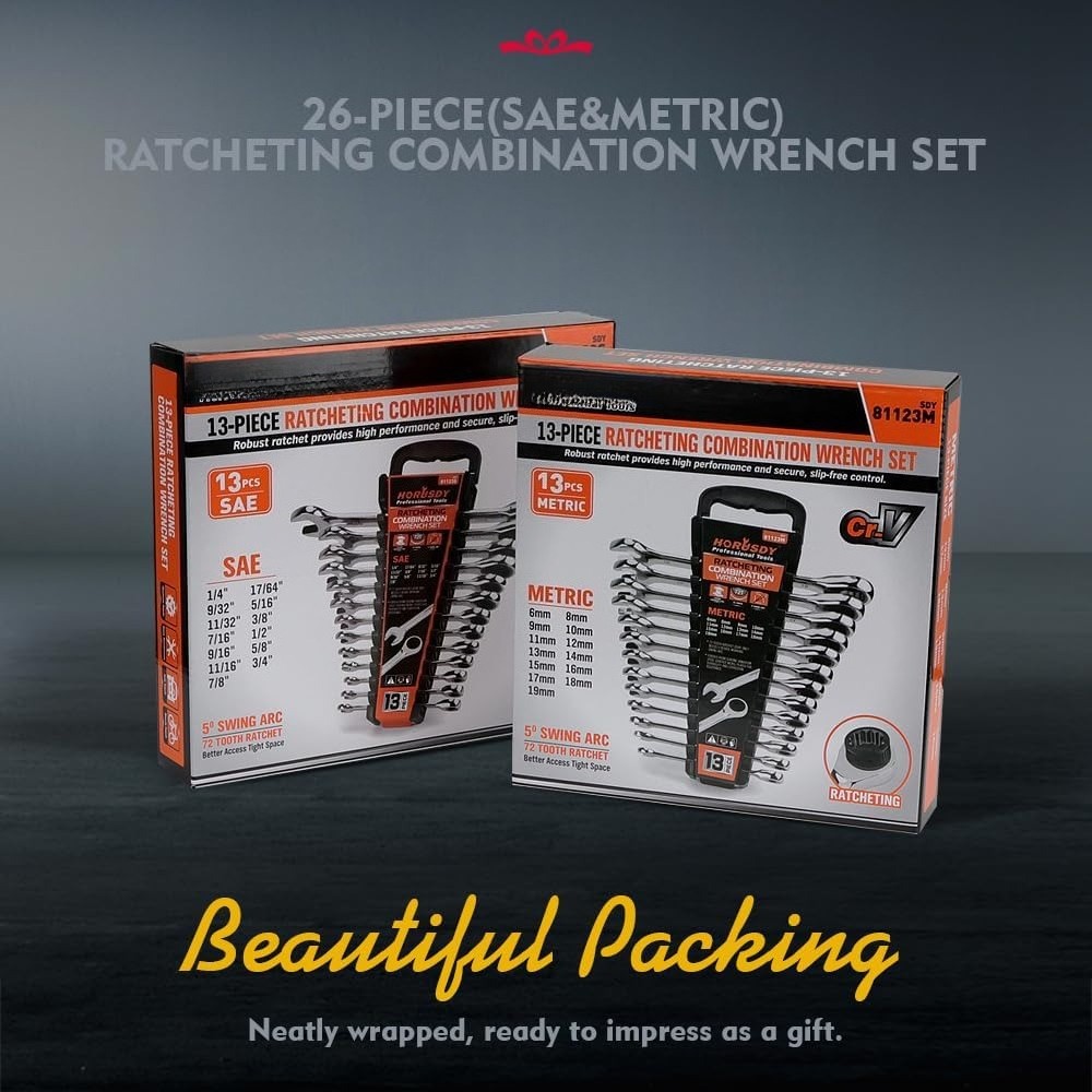 26-Pcs Ratcheting Wrench Set | Metric and SAE | Ratchet Combination Wrenches Set