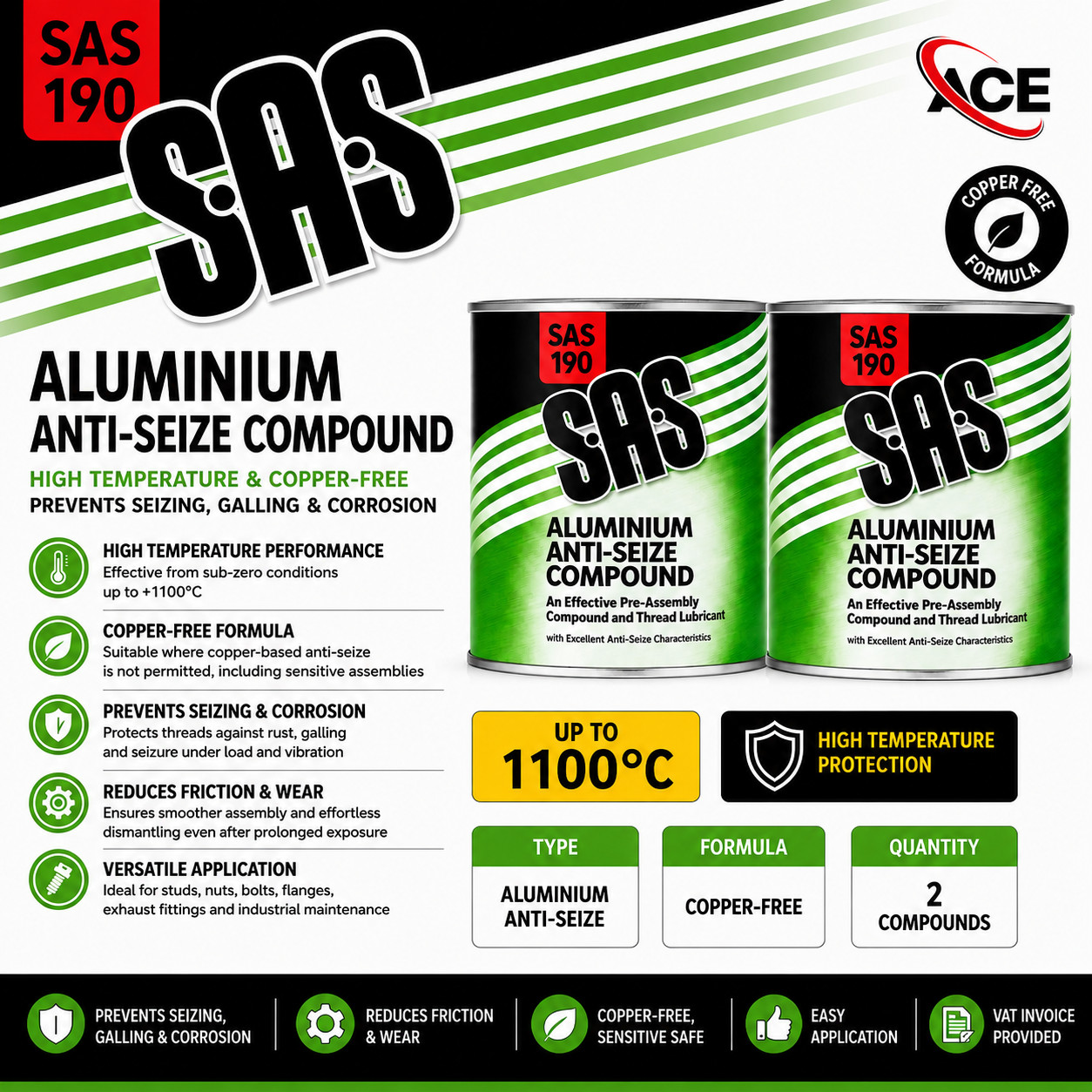 2 x SAS Aluminium Anti-Seize Compound 500g Tin – High-Temp, Copper-Free (1100°C)