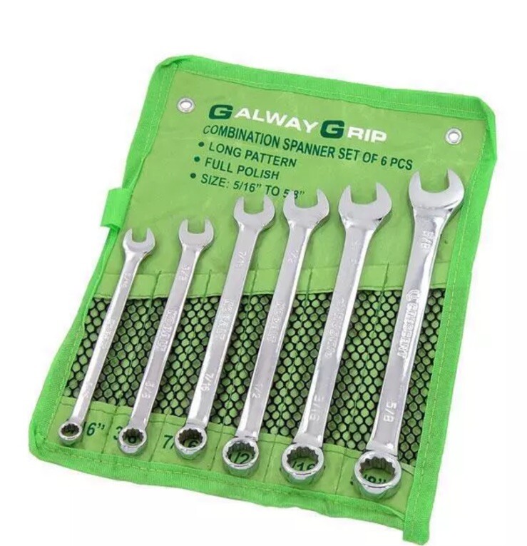 Combination Spanner Set Of 6 Pcs Long Pattern, Full Polish 5/16 To 5/8.