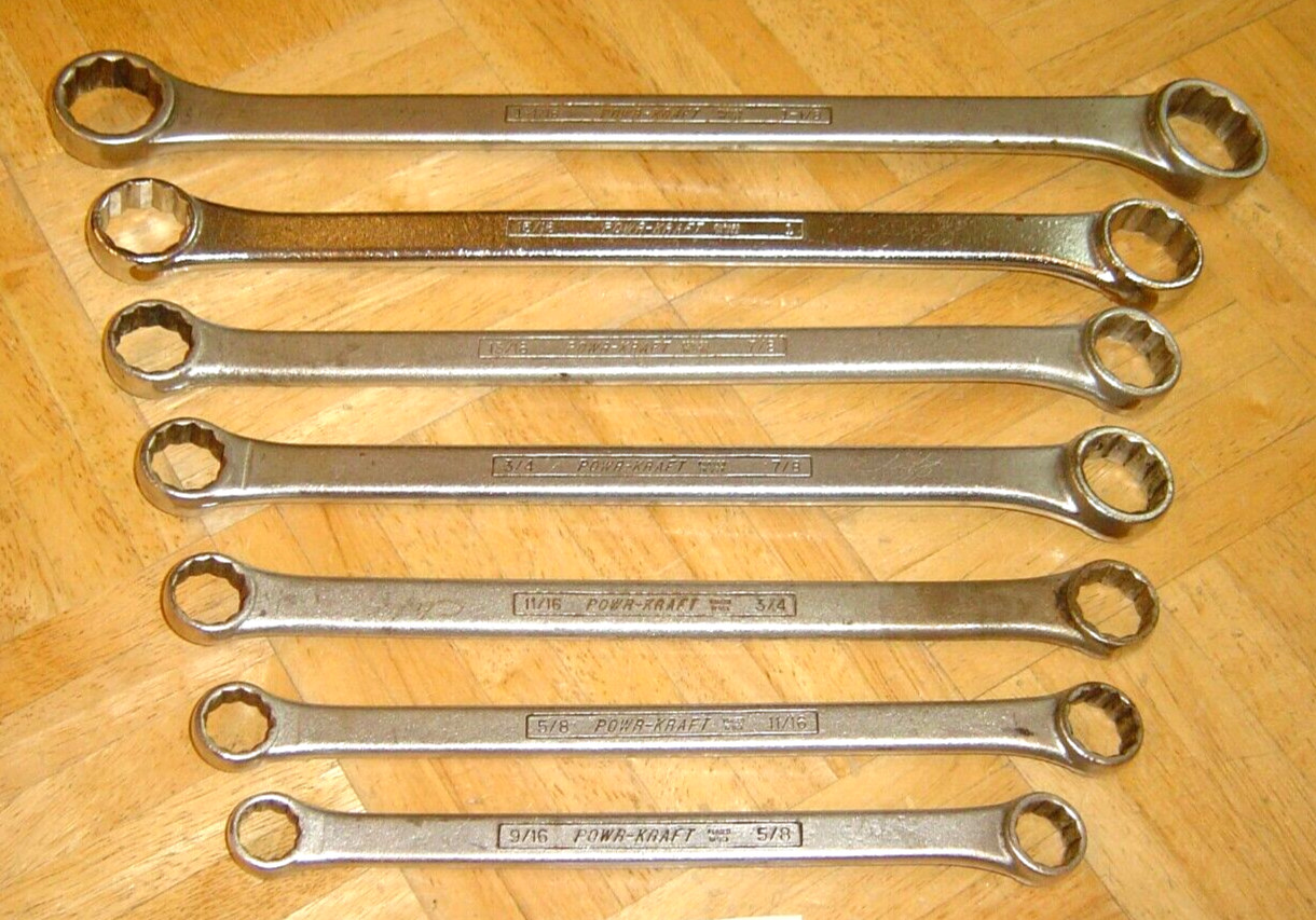 POWR-KRAFT TOOLS VINTAGE 7 PIECE SAE. BOX-END WRENCH SET 9/16 TO 1-1/8