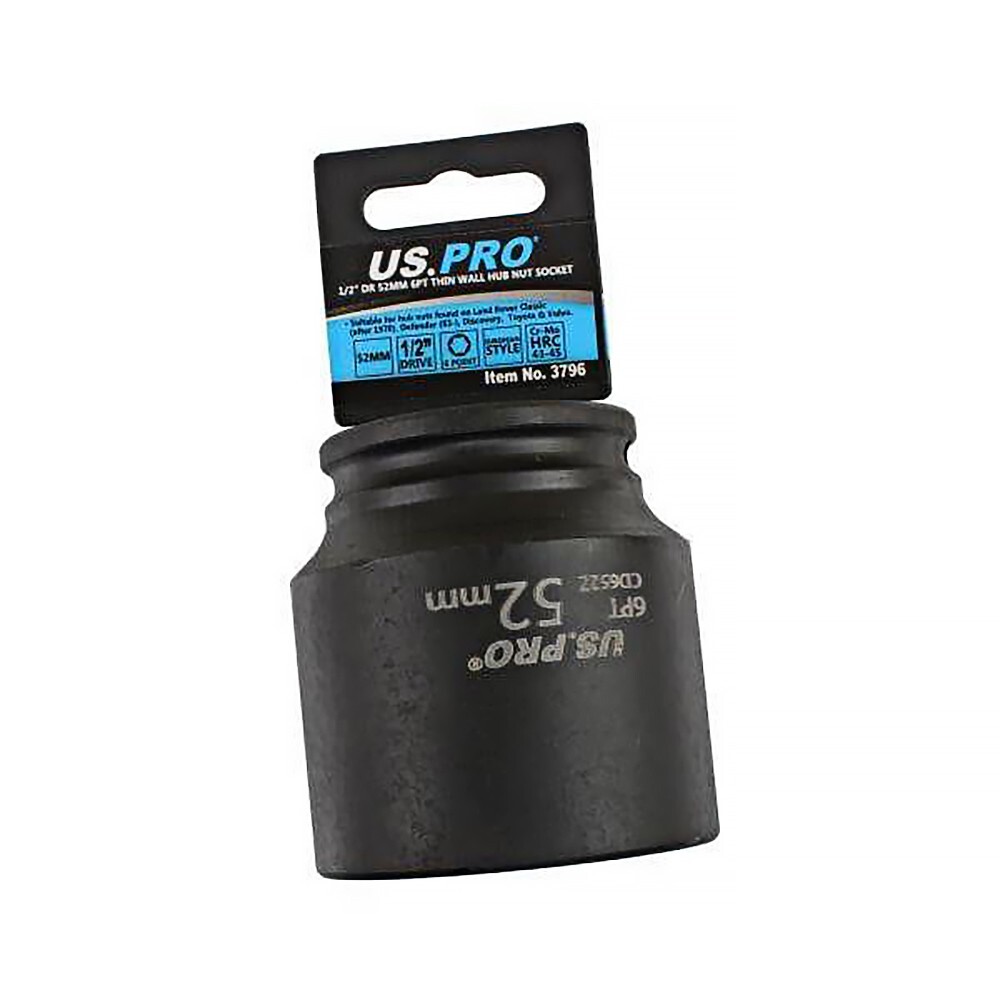 US PRO TOOLS 1/2″ DR 52MM 6PT THIN WALL HUB NUT SOCKET HRC 45, 42 CR-MO 3796