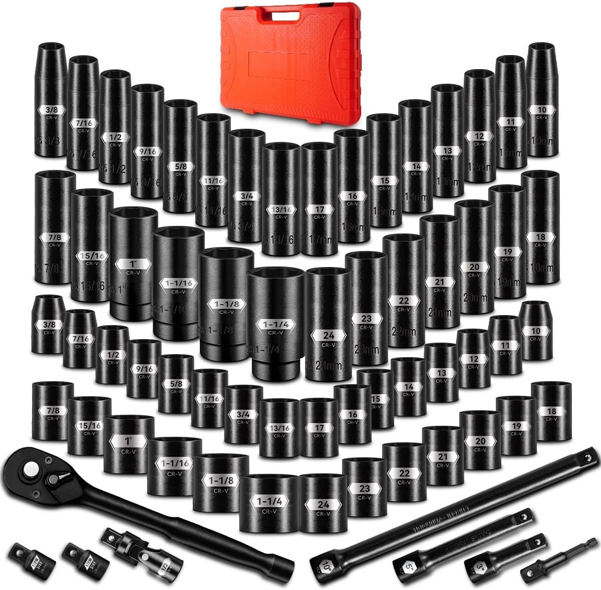66 PCS 1/2 Inch Drive Impact Socket Set, SAE (3/8″-1-1/4″) & Metric (10-24mm)