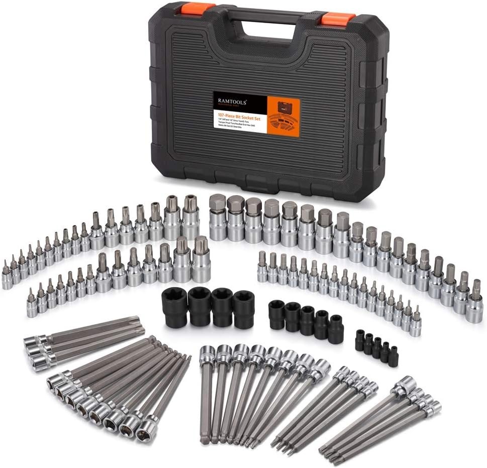 107PCS Allen and Torx Bit Socket Set, 1/4″, 3/8″ and 1/2″ Drive Hex