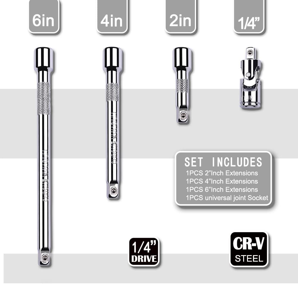 4 Piece 1/4 Inch Drive Extension Bar Set, 1/4 Inch Drive Socket Extension Set In