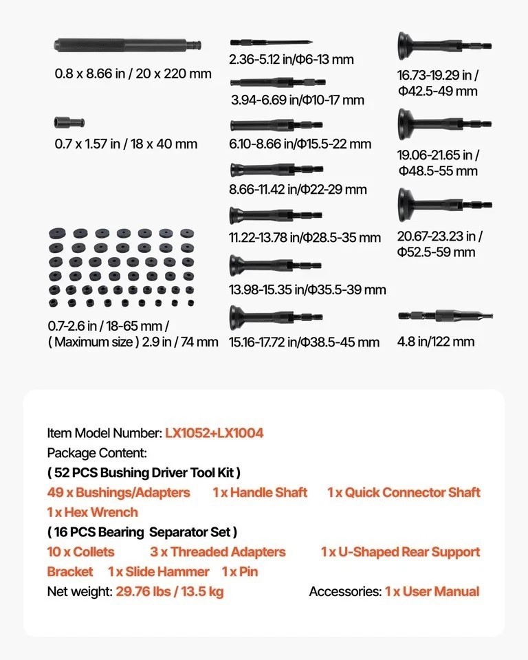 Bearing Press Kit Bushing Bearing Seal Driver Removal Tool Set 52+16 Pcs