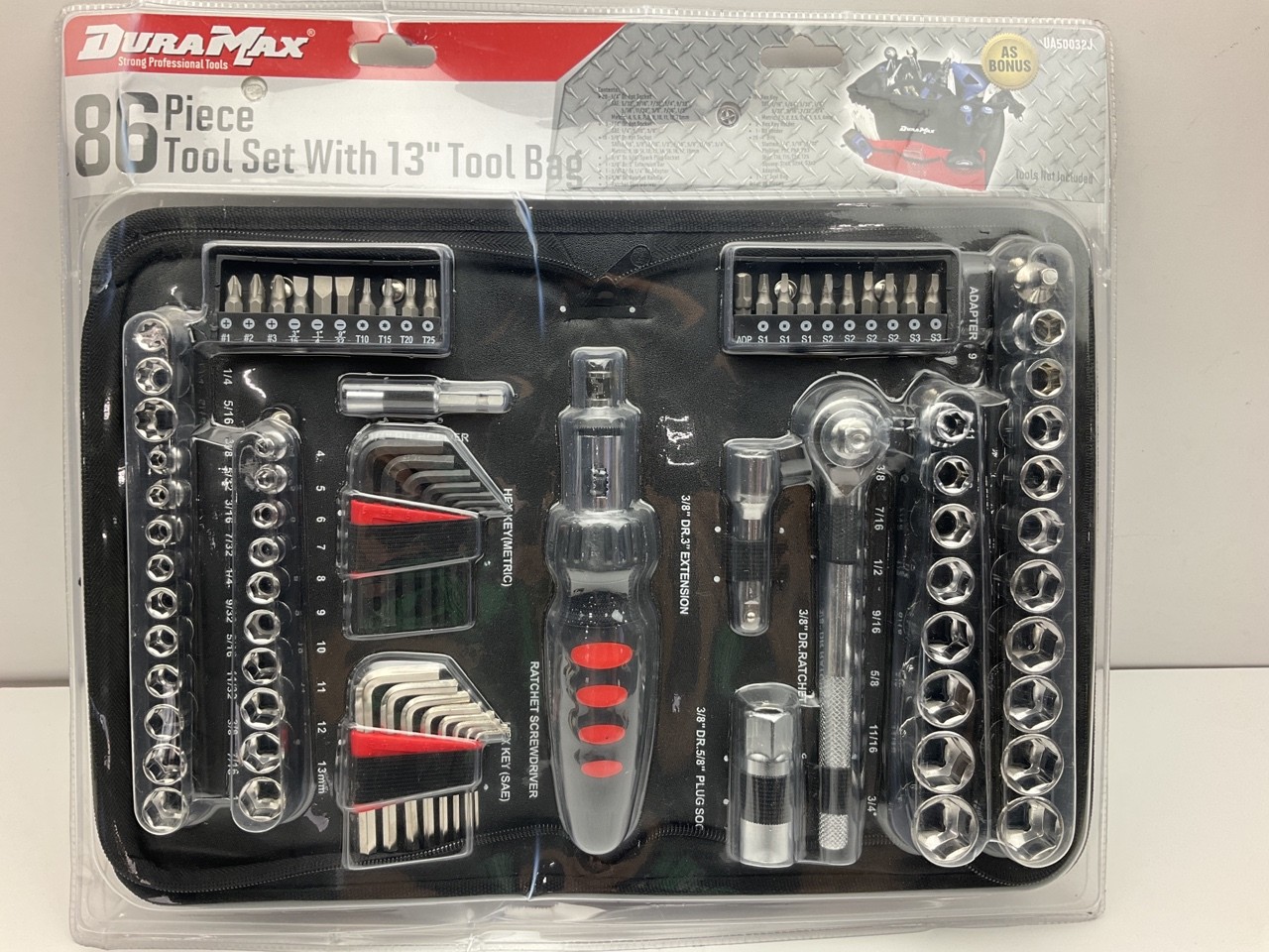 Dura Max UA50032J 86-Piece Tool Ratchet Socket Bit Set W/ 13″ Tool Bag