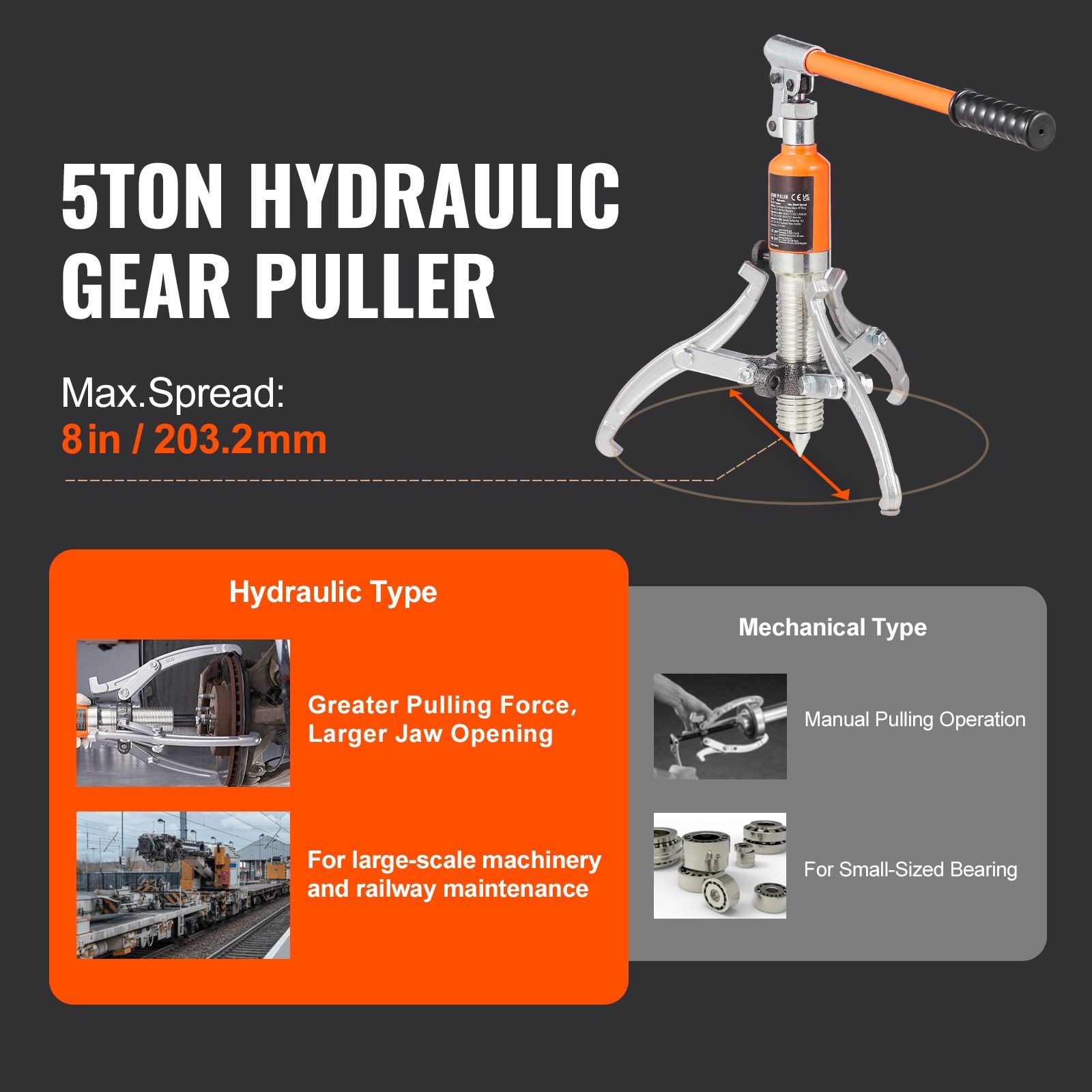 5T Hydraulic Gear Puller, 8in Max Spread, 2 & 3 Jaws for Machinery