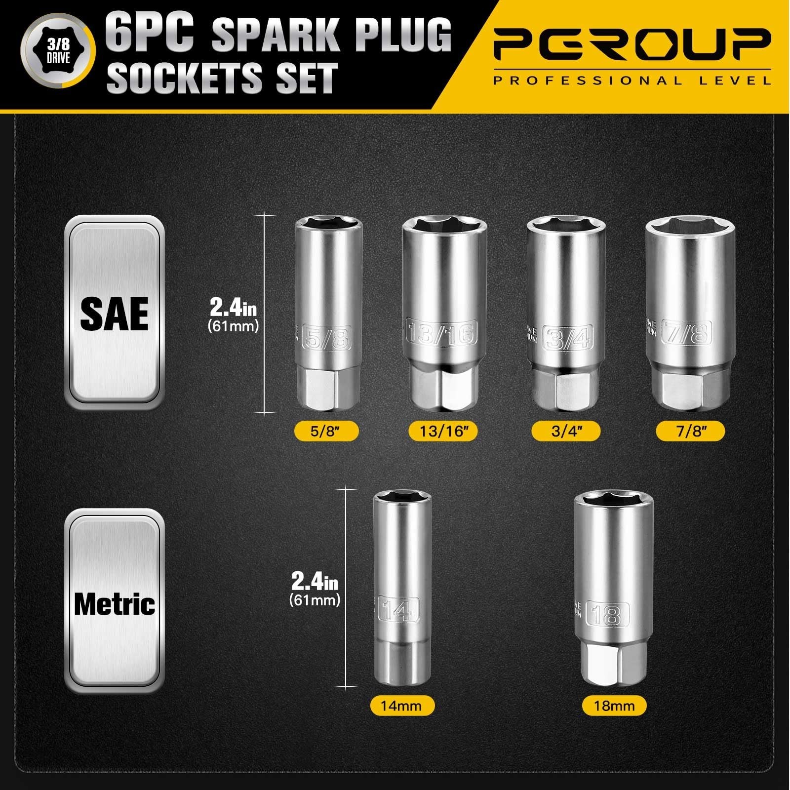 6PCS Spark Plug Socket Set 3/8″ Drive, 6-Point, SAE & Metric Sizes, CR-V Steel