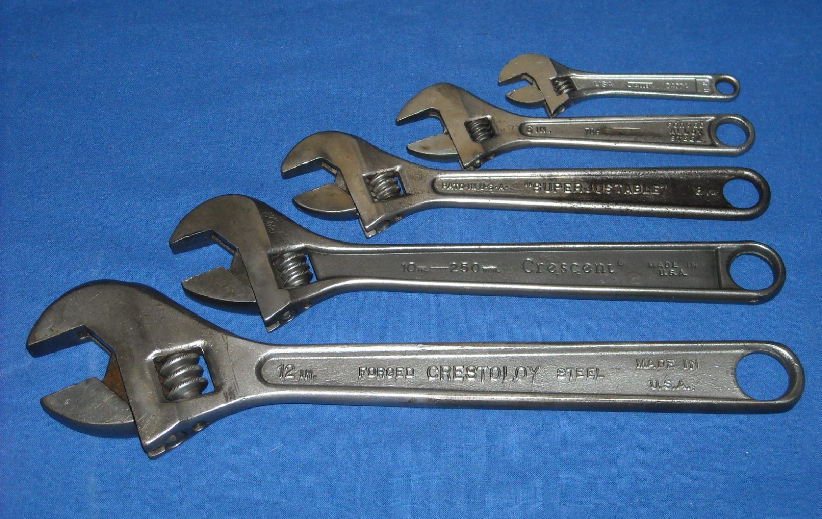 Vintage Crescent J.H. Williams Allen Adjustable Wrench Set 4, 6, 8, 10 & 12 inch