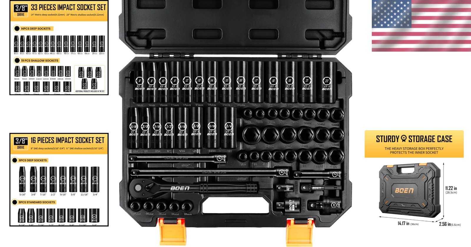 3/8″ Drive Impact Socket Set, 57-Piece Standard SAE 5/16 to 3/4 inch and Metr…