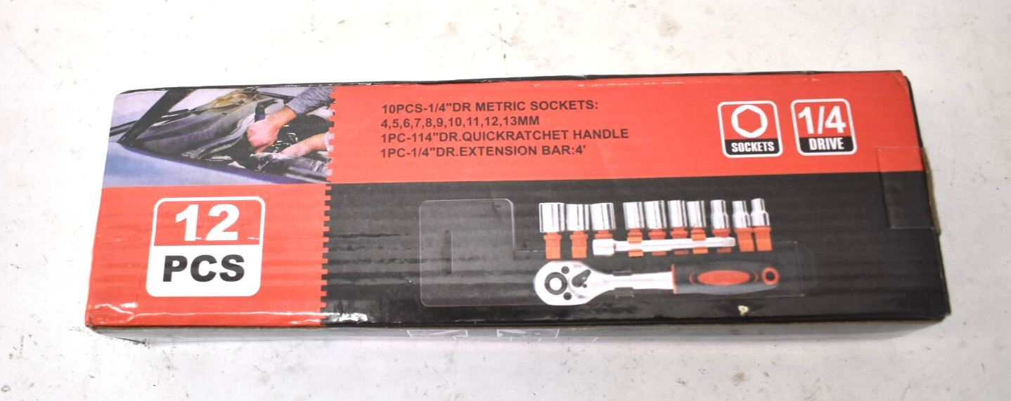 12 Piece Metric Socket Tools w Socket Quick Ratchet 1/4″ Drive 6 Point Sockets