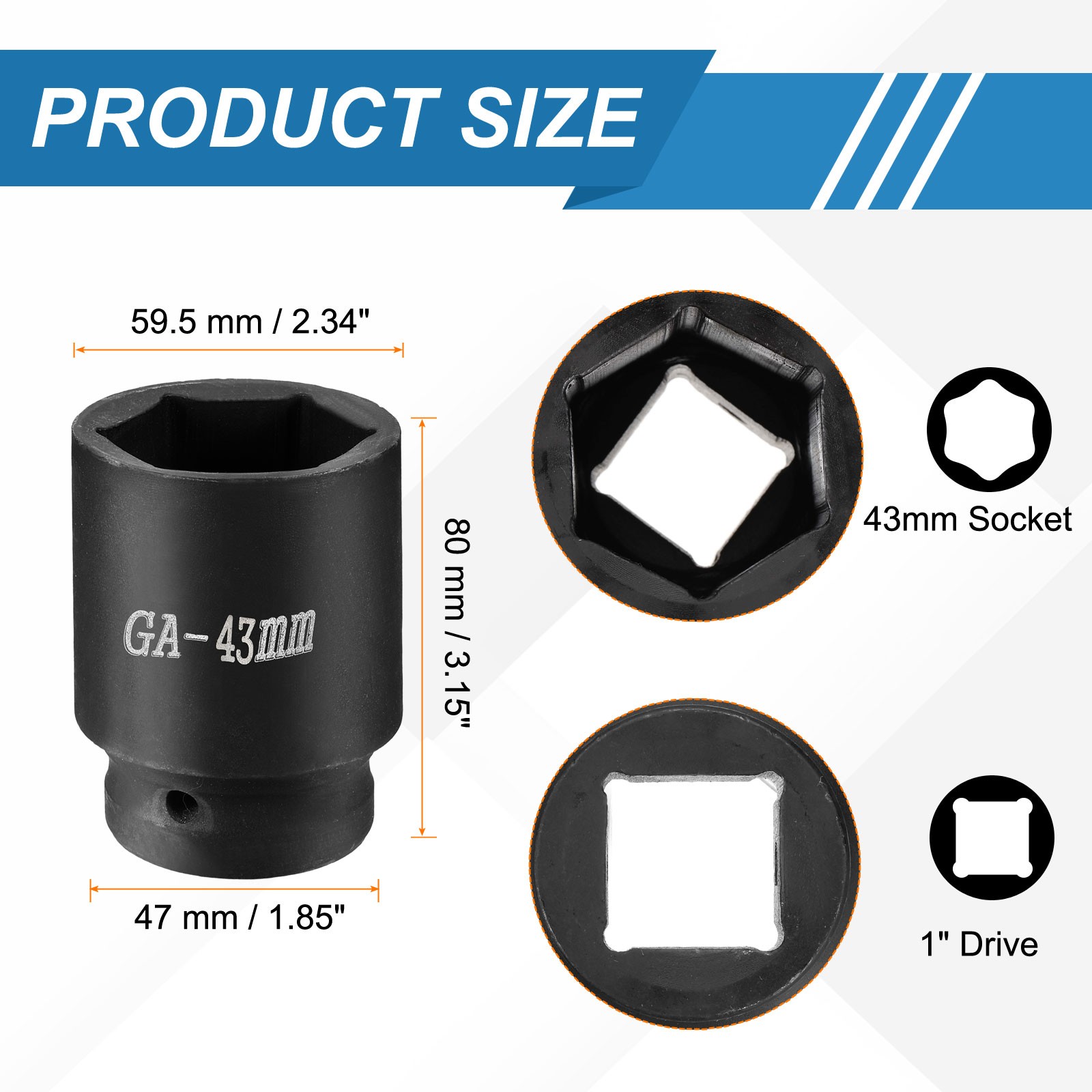 1 Inch Drive 43mm 6 Point Impact Socket Chromium Vanadium Steel
