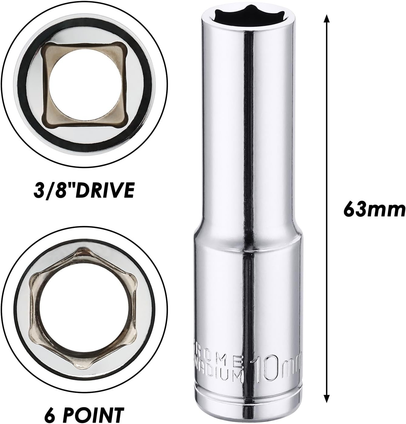 10mm Deep Shallow Socket Set 3/8″ Drive 6PCS CR-V Steel 6 Point 12 Point