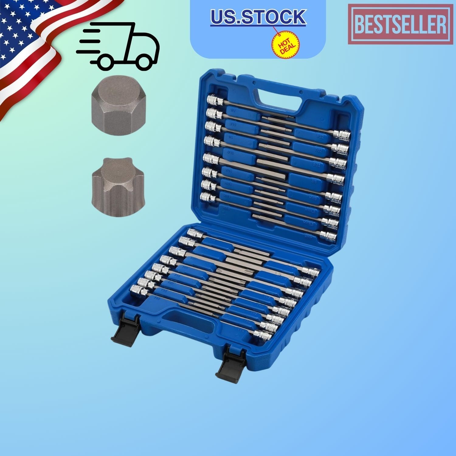32PCS 3/8″ Extra Long Hex Torx Bit Socket Set SAE Metric T10-T60