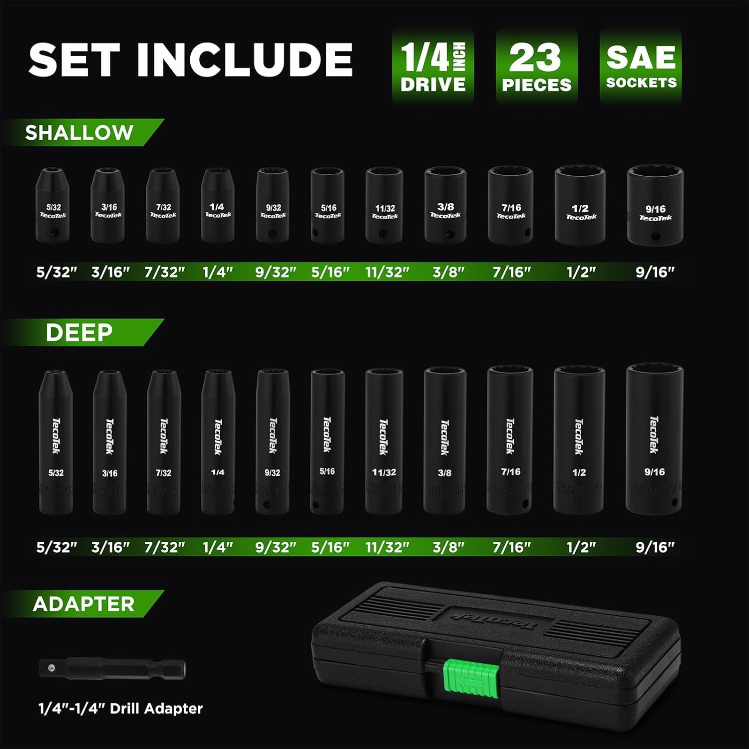 23-Piece Chrome Vanadium Impact Socket Set, 1/4-Inch Drive with Drill Adapter