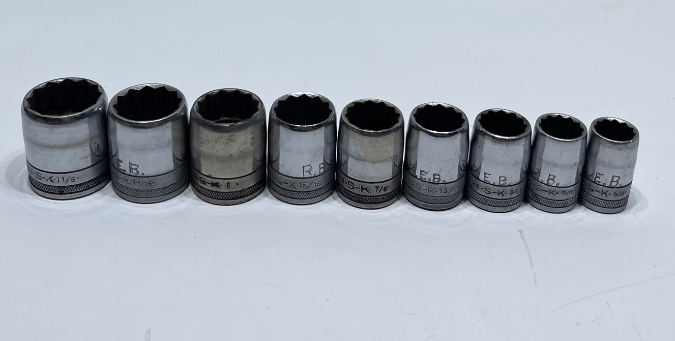 Lot of 9 SK Hand Tools 12 Point 1/2in Drive Socket Set 5/8in – 1-1/8in