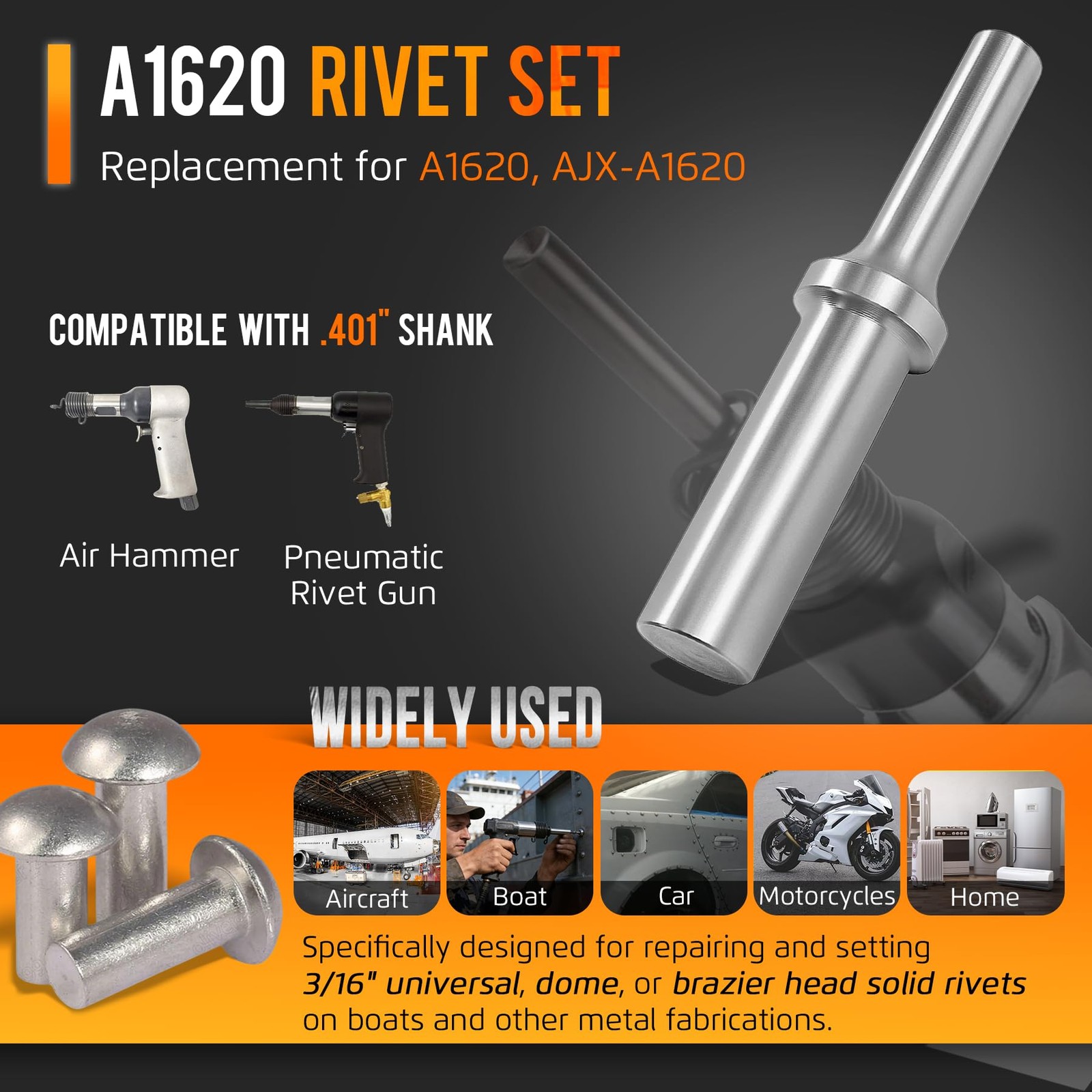 Krenlory A1620 Rivet Set F/ 3/16in – Pneumatic Air Hammer 0.401 Shank, White