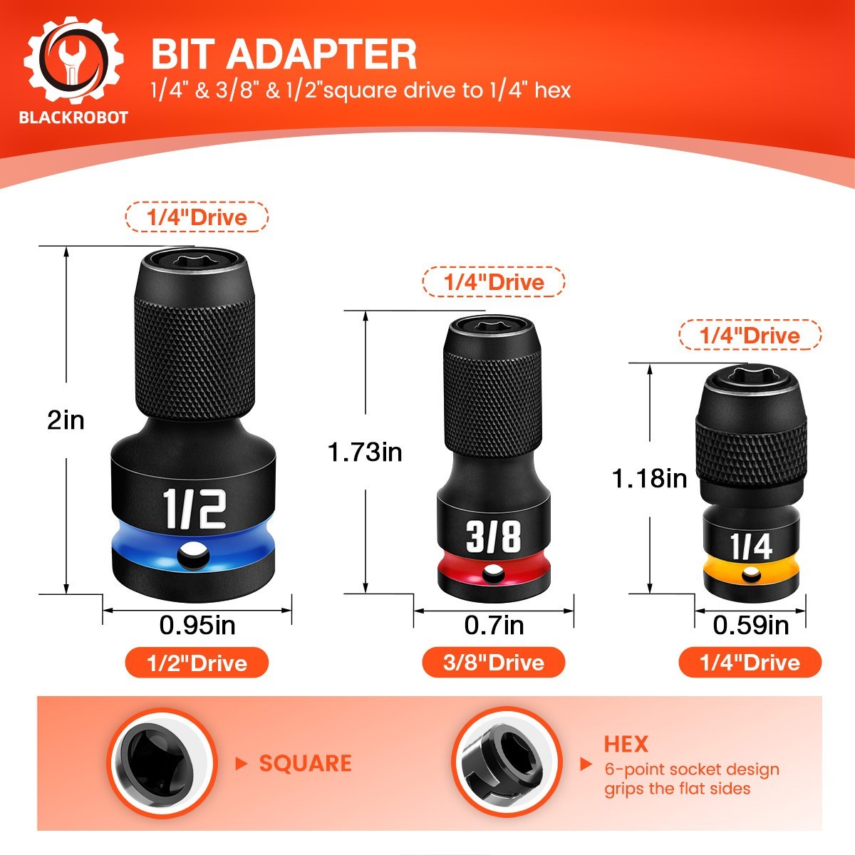 Impact Bit Holders 3/8 1/4 1/2-Inch Square Drive to 1/4-Inch Hex Socket Adapter