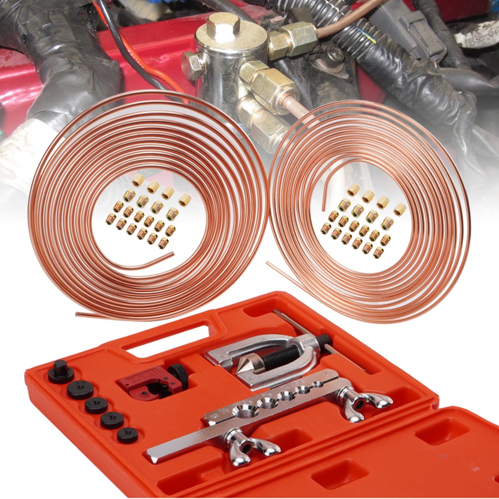 New 25ft 3/16 + 1/4 Copper Coated Brake Line & Double & Single Flaring Tool Kit