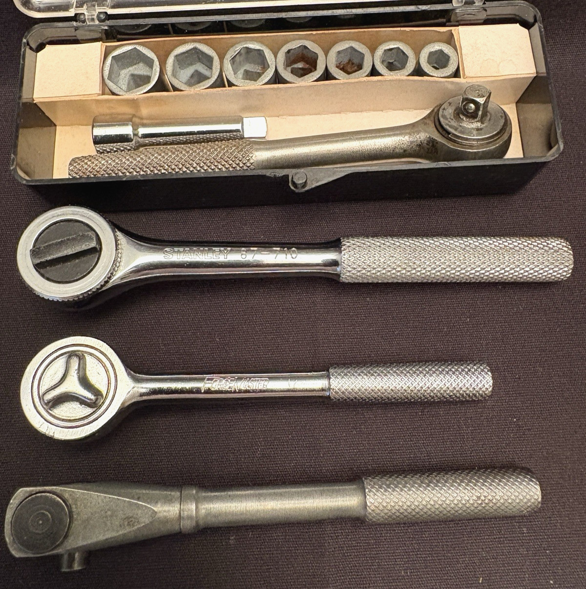 Lot of 1/4″ Drive Preowned Various Brand Ratchets and 6-12 mm 6 Pt Socket Set