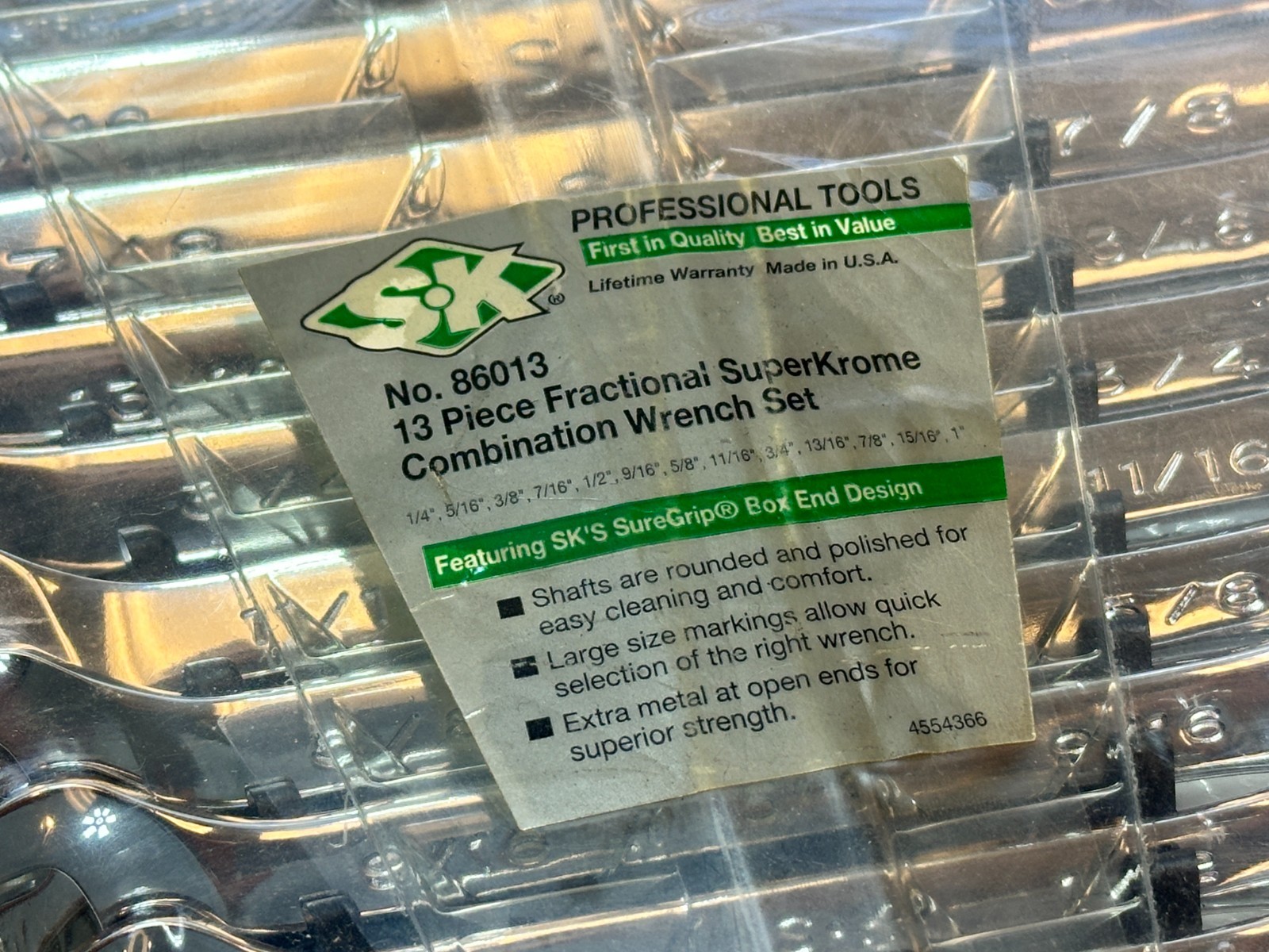 NEW SK Tools USA PROFESSIONAL 86013 13pc SAE SuperKrome Combination Wrench Set
