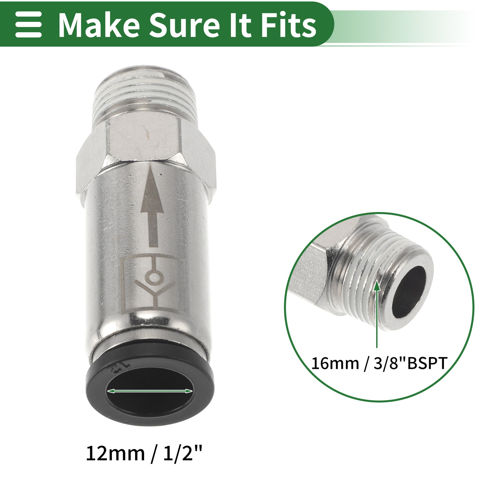 For Push to Fittings 15/32 Check Valve Plast/Met 16mm/3/8 BSPT Black